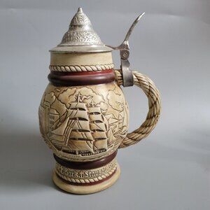 Vintage Avon 1977 Ceramic Beer Stein With Pewter Lid Depicting Sailing Ships Han